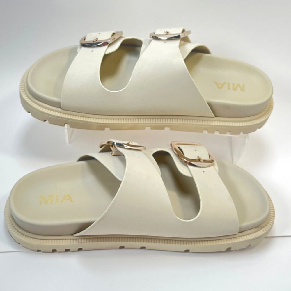 MIA Gen Chunky Sandals Women Double Buckle Beige Slides Size 7.5 - Picture 2 of 8